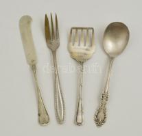 4 db alpakka evőeszköz, közte ezüstözöttek is: kanál, villa, kés, süteményes kis szedőlapát, h: 17 cm