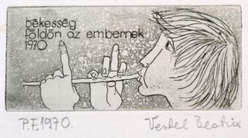 Vertel Beatrix (1951-): Békesség földön az embernek. Rézkarc, papír, jelzett, 3,5×8 cm