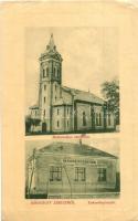 Zselíz, Zeliezovce; Református templom, Takarékpénztár. W. L. Bp. 9751. / Calvinist church, savings bank (ázott / wet damage)