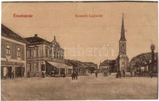 Érsekújvár, Nové Zamky; Kossuth Lajos tér, Leuchter Izidor üzlete, templom / square, shop, church (vágott / cut)
