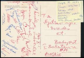 1964 a Csepel SC tagjainak  aláírásai (Rottenbiller, Losonci, Kalmár, stb.) Guineából küldött levelezőlapon