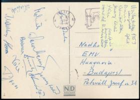 1959 A vízilabda válogatott tagjainak aláírásai (Dömötör, Jeney, Konrád, stb.) levelezőlapon