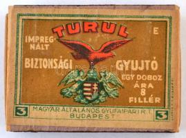 cca 1930 Turul impregnált biztonsági gyújtó - régi gyufásdoboz, tartalommal