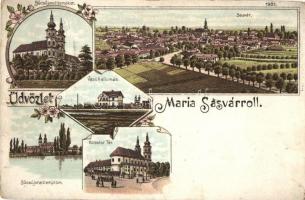 Sasvár, Sastín, Mária Sasvár, Maria-Schlossberg; Búcsújáró templom, Vasútállomás, Kolostor tér, látkép / church, railway station, square, general view. floral Art Nouveau litho (fa)