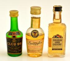 3 db mini whisky-s üveg, tartalommal, köztük 2 bontatlan