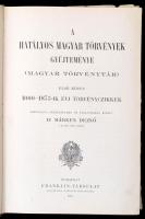 A hatályos magyar törvények gyűjteménye. I. kötet. 1000-1873-ik évi törvénycikkek. Corpus Juris Hungarici. Magyar törvénytár. 1000-1911. Szerk.: Márkus Dezső. Bp., 1912, Franklin-Társulat. Kiadói aranyozott gerincű félvászonkötés, kissé kopottas borítóval, kissé sérült gerinccel.