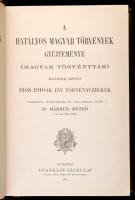 A hatályos magyar törvények gyűjteménye. VI. kötet. 1908-1910-ik évi törvénycikkek. Corpus Juris Hungarici. Magyar törvénytár. 1000-1911. Szerk.: Márkus Dezső. Bp., 1912, Franklin-Társulat. Kiadói aranyozott gerincű félvászonkötés, kissé kopottas borítóval, javított, kissé sérült gerinccel.