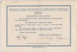 Budapest 1923. Kékkuti Gyógy- és Ásványvíz Részvénytársaság részvényutalvány 25.000K-ról T:III fo., kis szakadás