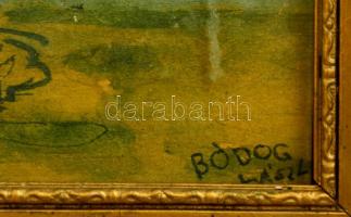 Bódog jelzéssel: Házacska  a szigeten. Akvarell, papír, üvegezett keretben, 16×22 cm