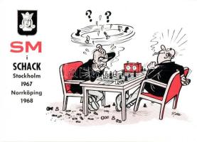 Az 1968-as svéd sakkbajnokság alkalmi bélyegzése karikatúra képeslapon, modern lap / Swedish chess championship caricature, modern postcard, 1968 Norrköping Schack SM So. Stpl.