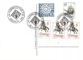 Az 1968-as svéd sakkbajnokság alkalmi bélyegzése karikatúra képeslapon, modern lap / Swedish chess c...