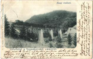 Tiszolc, Tisovec; Nagy Viadukt, Tiszolc-Erdőközi fogaskerekű vasút. Kiadja Lechnitzky O. / railroad bridge, cogwheel railway, viaduct (EK)