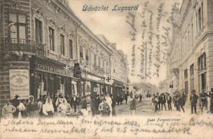 Lugos, Lugoj; Deák Ferenc utca, Kézműáru raktár a Kék Csillaghoz, Epstein Sándor üzlete / street view with shops (ázott sarok / wet corner)