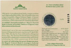 2005. 10Ft Cu-Ni "József Attila" sorszámozott emléklapon T:1