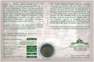 2002. 100Ft Ni-Cu-Zn "Kossuth" elsőnapi veret sorszámozott díszlapon T:BU 
Adamo FOEM1