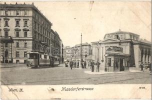 Vienna, Wien IX. Nussdorferstrasse, Detall Markthalle, Giesshübler, Hotel Orion / street view with hotel, restaurant and tram, market hall (EK)