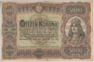 1920. 5000K "Orell Füssli Zürich" piros sorozat- és sorszám T:III- ly. Hungary 1920. 5000 Korona "Orell Füssli Zürich" with red serial number C:VG hole Adamo K38