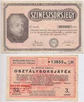 1944. "52. Magyar Királyi Osztálysorsjáték - Harmadik osztály" 1/8 sorsjegy, árusítói bélyegzéssel + Budapest 1925. "A Budapesti Színészek Szövetsége Nyugdíjintézetének javára" 5000K színészsorsjegy T:III,III-