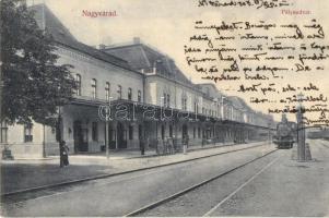 Nagyvárad, Oradea; Vasútállomás, gőzmozdony. Rákos Vilmos kiadása / railway station, locomotive (EK)