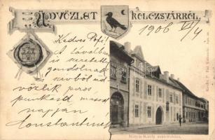 Kolozsvár, Cluj; Mátyás király születésháza, címeres, pecsétes képeslap. Kováts P. fiai 61. sz. / birth house of  Matthias Corvinus, seal, coat of arms (EK)