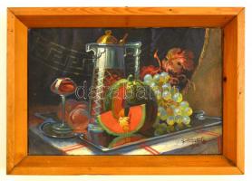 Koleszár György (?-?): Asztali csendélet. Olaj, vászon, jelzett, keretben, 17×26 cm