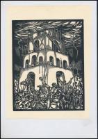 Divéky József (1887-1951): Bábel tornya, fametszet, papír, jelzett a metszeten, kartonra ragasztva, 19,5x15,5 cm