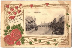Debrecen, Fő piac a városi vasúttal. Arany Art Nouveau, floral, Emb.