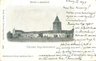 1899 Nagyszalonta, Salonta; Piac tér, zsinagóga, Csonka torony. Fábián L. kiadása / market square, synagogue, tower (EK)