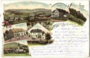 1899 Krizany, Seifersdorf; Volksschule, Silberstein, Öhlmühle, Gasthaus zur Post, Kirche zu Simon und Juda / school, oil mill, guest house, church. Conr. Jäger floral, litho (tear)