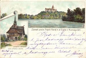 1899 Benesov, Zámek arciv. Frant. Ferdin. dEste v Konopisti, Lovecky Zámecek arciv. dEste v obore / castle and hunting lodge. litho (EB)