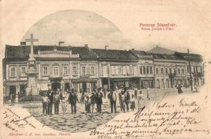 Versec, Vrsac; Ferenc József tér, Riegler János, B. Scheater és Bruder Hofmann üzlete / square, shops