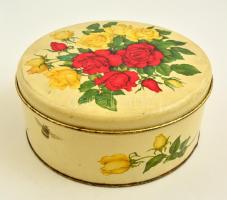Régi dán süteményes fém doboz, virágos díszítéssel, kopásnyomokkal, d: 19 cm, m: 8 cm
