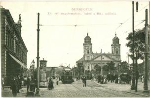 Debrecen, Ev. református nagytemplom, Bika szálloda, villamos. W. L. Bp. 5966. (EK)