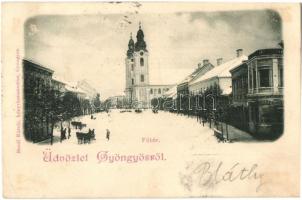 1898 Gyöngyös, Fő tér télen, szánfogatok. Bendl Károly kiadása (EK)