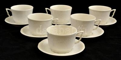 6 darabos Zsolnay manófüles teás készlet: csésze+alj, matricás, jelzett, apró kopásokkal, d: 9,5 ill. 15 cm