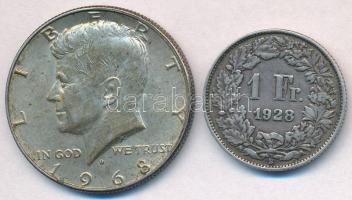 Vegyes: Amerikai Egyesült Államok 1968D 1/2$ Ag "Kennedy" + Svájc 1928. 1Fr Ag T:1-,2,2- Mixed: USA 1968D 1/2 Dollar Ag "Kennedy" + Switzerland 1928. 1 Franc Ag C:AU,XF,VF