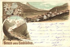 1897 Samedan, Samaden; Berninagruppe und Morteratschgletscher. H. Guggenheim & Co. floral, litho