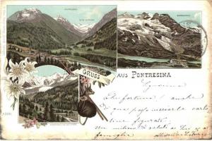 1897 Pontresina, Roseg-Gletscher, Berninapass, Morteratsch-Gletscher. H. Metz Kunst-Verlags 4396. floral. litho (EK)