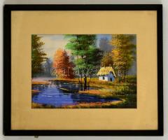 Zorkóczy jelzéssel: Viskó a parton. Vegyes technika, papír, kis gyűrődéssel, üvegezett keretben, 28×...