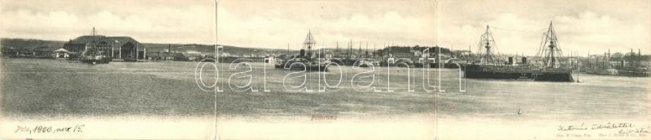 Pola, Hajógyár 1900-ban, Kazamata hajók. 3-részes panorámalap / ship factory in 1900, K.u.K. Kriegsmarine. 3-tiled panoramacard (hajtásnál szakadt / bent til broken)