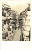 Sziklás talajon homokzsákokból kiépített lövészárok / WWI K.u.K. military, trenches built from sandbags. photo