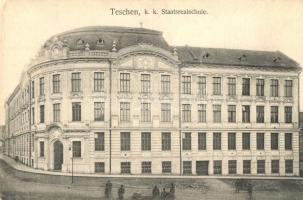 Cieszyn, Teschen; k. k. Staatsrealschule. Verlag von Kutzer & Cie. / school, road construction (EK)