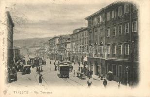 Trieste, Via Torrente / street view, trams, shops. Dr. Trenkler & Co. (Rb)