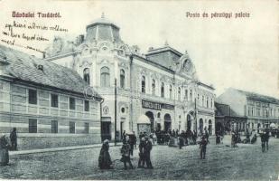 Torda, Turda; Posta és pénzügyi palota, gyógyszertár, Turcza Géza üzlete  / post office and financial palace, shops, pharmacy