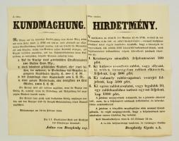 1858 Szombathely, Hirdetmény rablók és más gonosztevők körözése tárgyában, német és magyar nyelven, hajtott, 34x31,5 cm