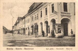 Beszterce, Bistritz, Bistrita; Sub galete, Farmacie / Kornmarkt, Apotheke / Búza tér, Minerva gyógyszertár, fényképész műterem, üzletek. Gustav Zikeli kiadása / square, pharmacy, shops, photographer's atelier + 1940 Beszterce visszatért So. Stpl. (EK)