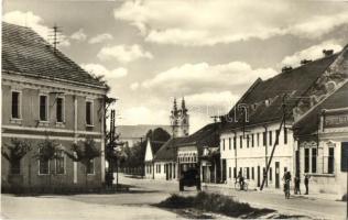 1954 Sasvár, Sassin, Sastin; Fő utca, takarékpénztár / street view with savings bank