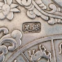 Tibeti ezüst (Ag. 50% alatti ezüst tartalommal)  sárkányos plakett, jelzett, 9,5×5 cm