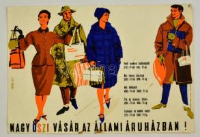 1961 Nagy őszi vásár az Állami Áruházban! - Hegyesi Frigyes, Terv Nyomda, foltokkal, kisplakát, 23x33 cm