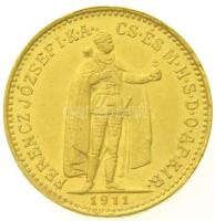 1911KB 10K Au Ferenc József (3,34g/0.900) T:2 kis ü. Hungary 1911KB 10 Korona Au Franz Joseph (3,34g/0.900) C:XF small ding Adamo K8
